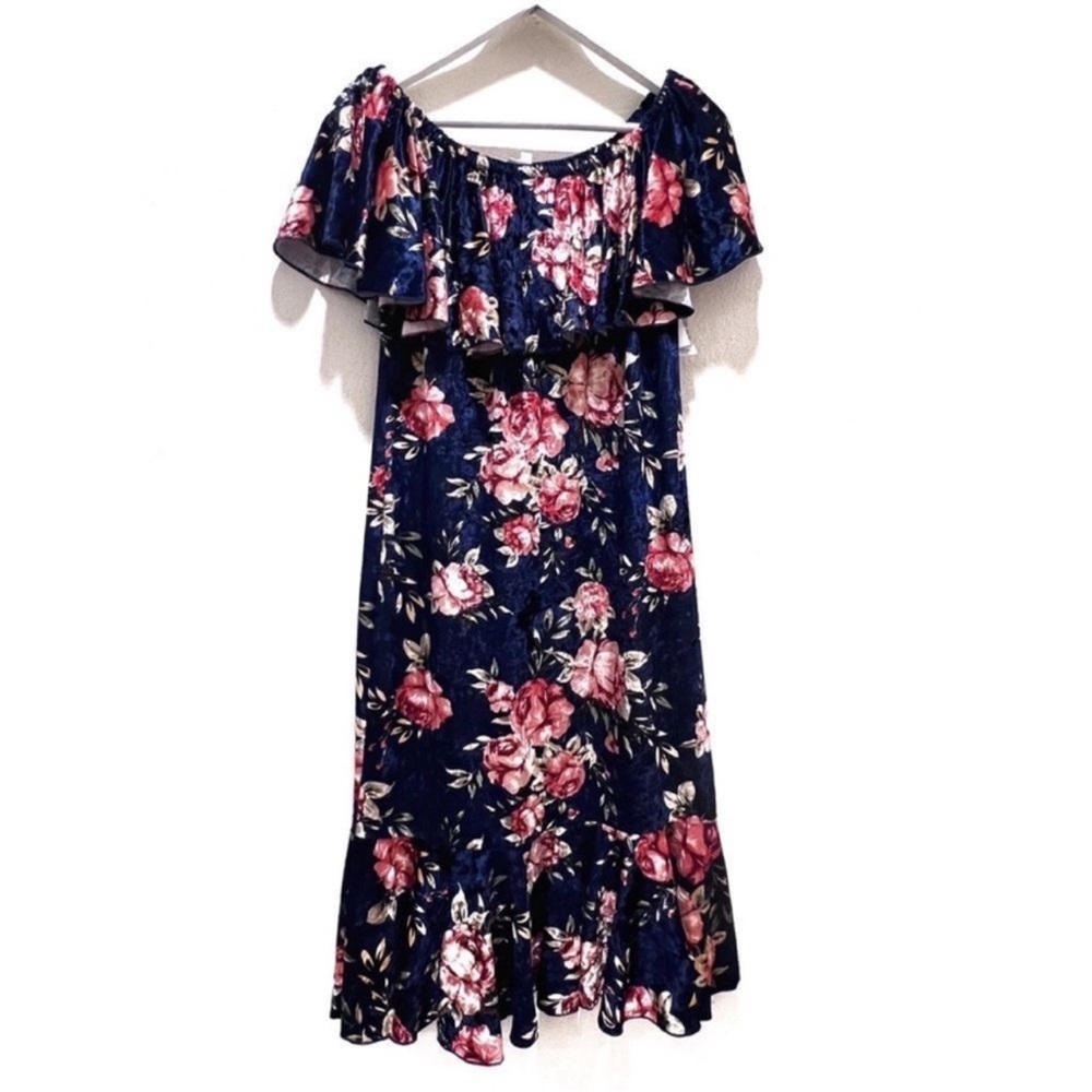 Navy Floral LuLaRoe Cici Off Shoulder Ruffled Hem Midi Dress M - Picture 7 of 16